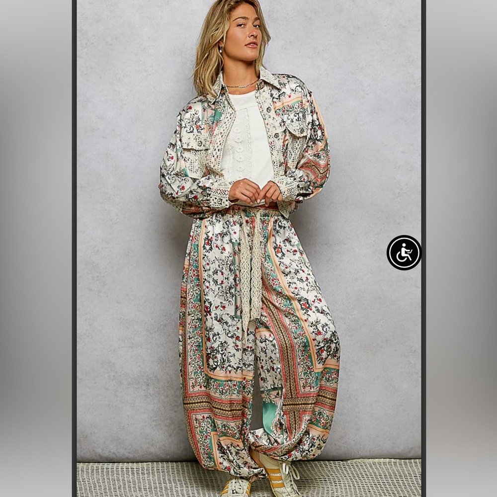 Pol matching floral set jacket and jogging pants.  Jade Multi.  Various sizes.